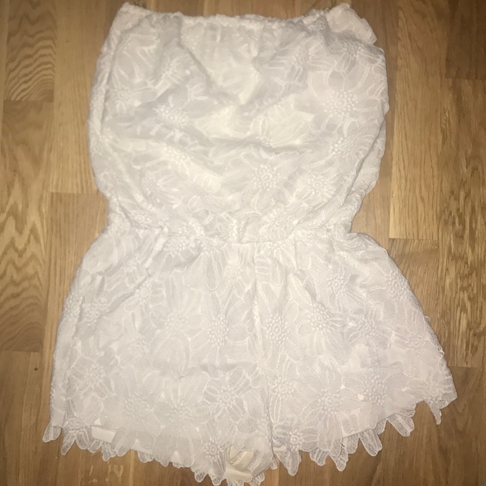 All white strapless flower romper